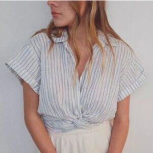 NWOT Urban Outfitters Blue and White Striped Front Twist Blouse - M